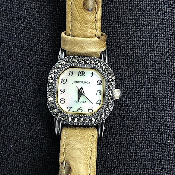 JUDITH JACK Swiss Movement MOP Face Marcasite Bezel Alligator Band Watch NWOT - Picture 4 of 17